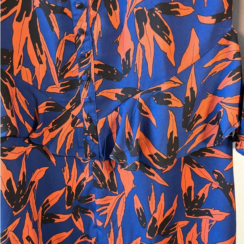 Walter Baker Large Ruffled Button Down High Collar Dress Orange Leaf Pattern